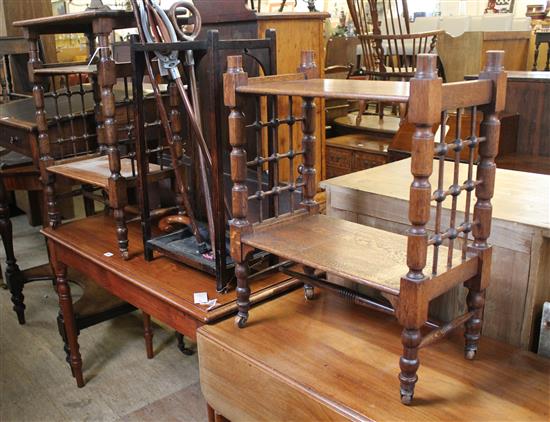 Pair oak 2 tier side tables, umbrella stand & mahogany hall table